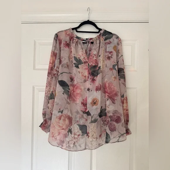 H&M Sheer Floral Blouse | Romantic Boho Ruffle Sleeve Top XL - Picture 6 of 7